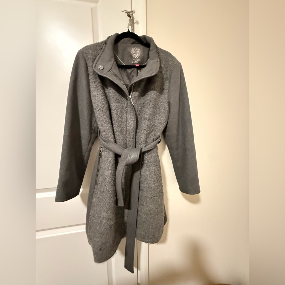 DONATED NOT AVAILABLE: Vince Camuto Faux Leather Trimmed Belted Wool Coat - Picture 2 of 6